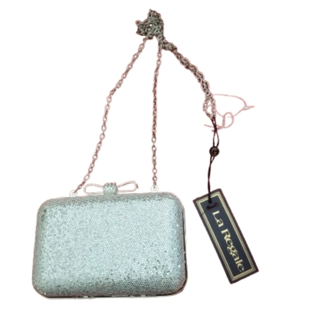 La Regale Sparkling Silver Bow Clutch Rhinestones Sequin Metallic